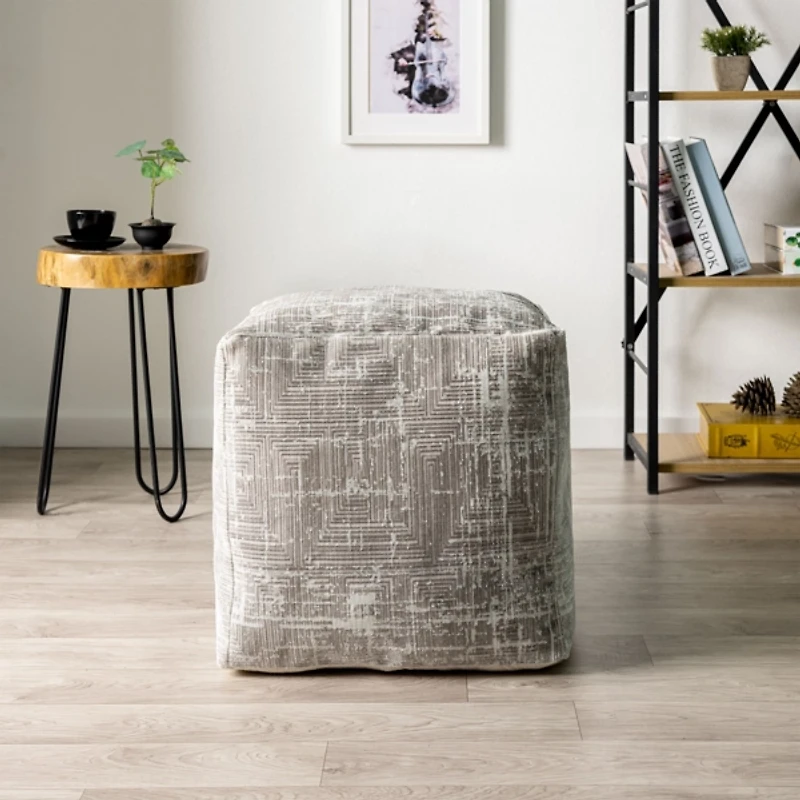 Neutral Distressed Geo Ultra-Soft Pouf