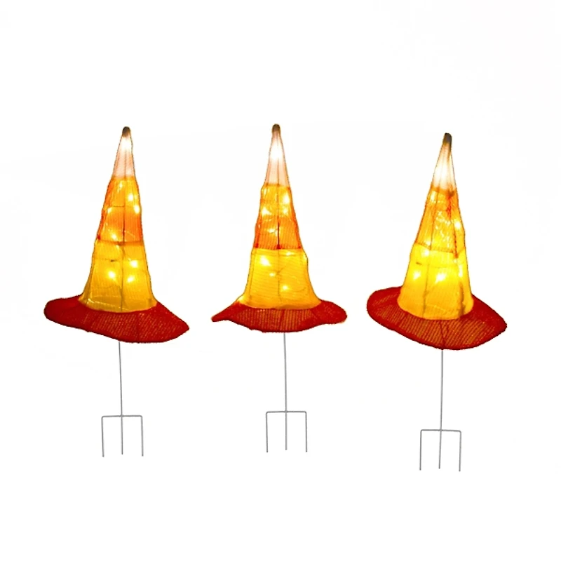 Pre-Lit Candy Corn Witch Hat Yard Stakes, Set of 3