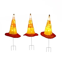 Pre-Lit Candy Corn Witch Hat Yard Stakes, Set of 3