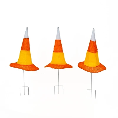 Pre-Lit Candy Corn Witch Hat Yard Stakes, Set of 3