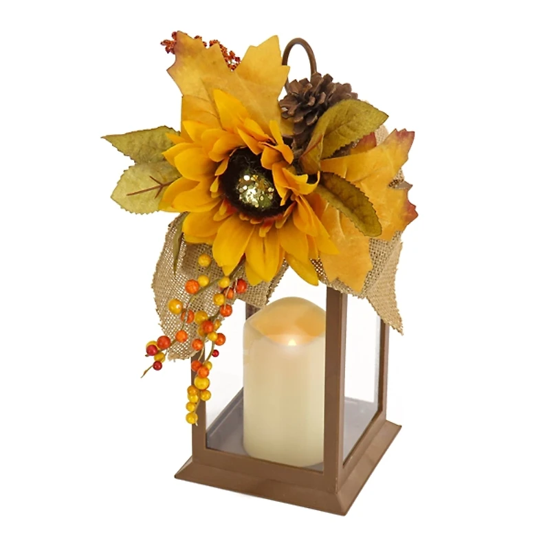LED Sunflower and Burlap Bow Lantern