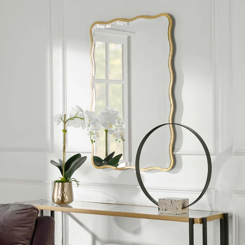 Gold Wood Wavy Frame Beveled Wall Mirror