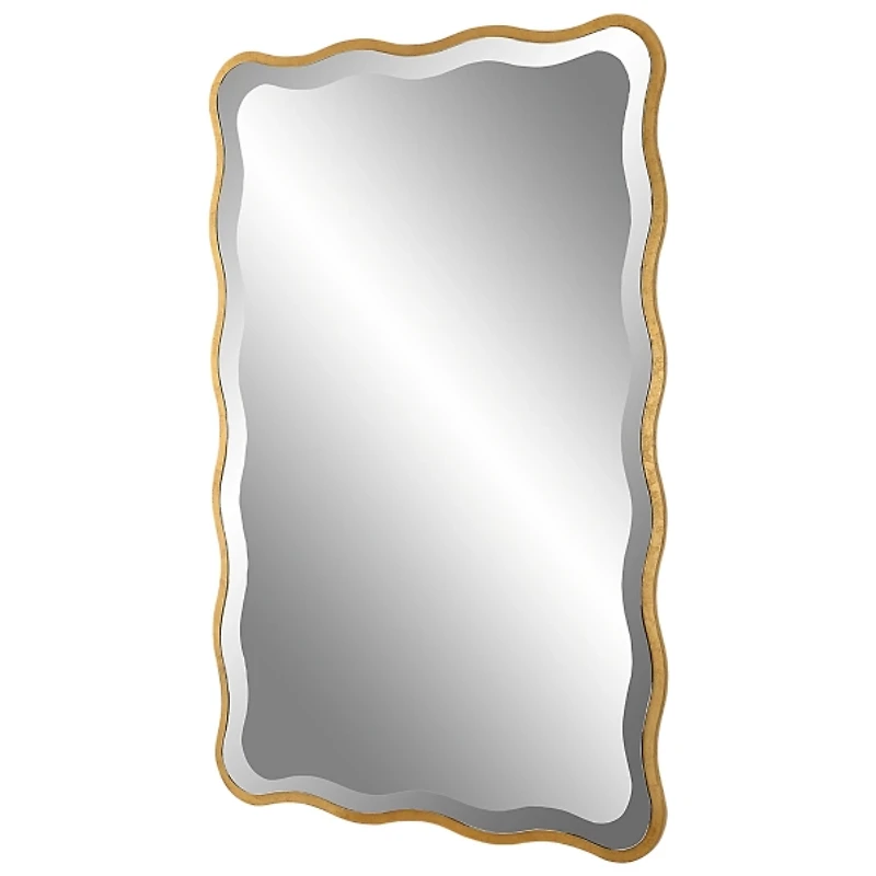 Gold Wood Wavy Frame Beveled Wall Mirror