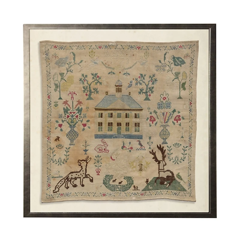 Antique Folk Sampler Framed Wall Art