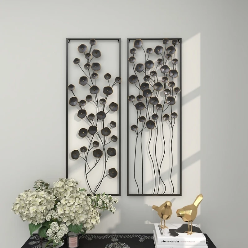 Black Metal Floral Wall Plaques, Set of 2