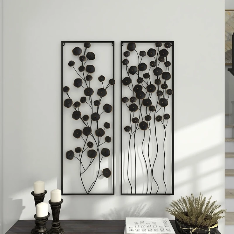 Black Metal Floral Wall Plaques, Set of 2