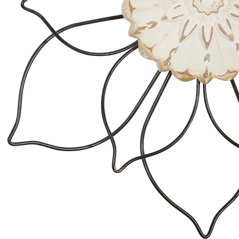 Black Metal and Wood Floral Wall Plaques, Set of 2