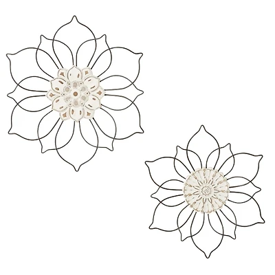 Black Metal and Wood Floral Wall Plaques, Set of 2