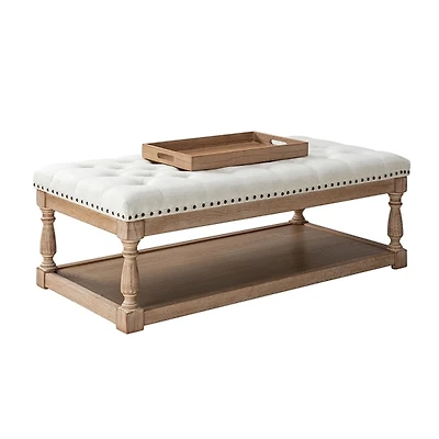 Ivory Tufted Rectangle Wood Ottoman