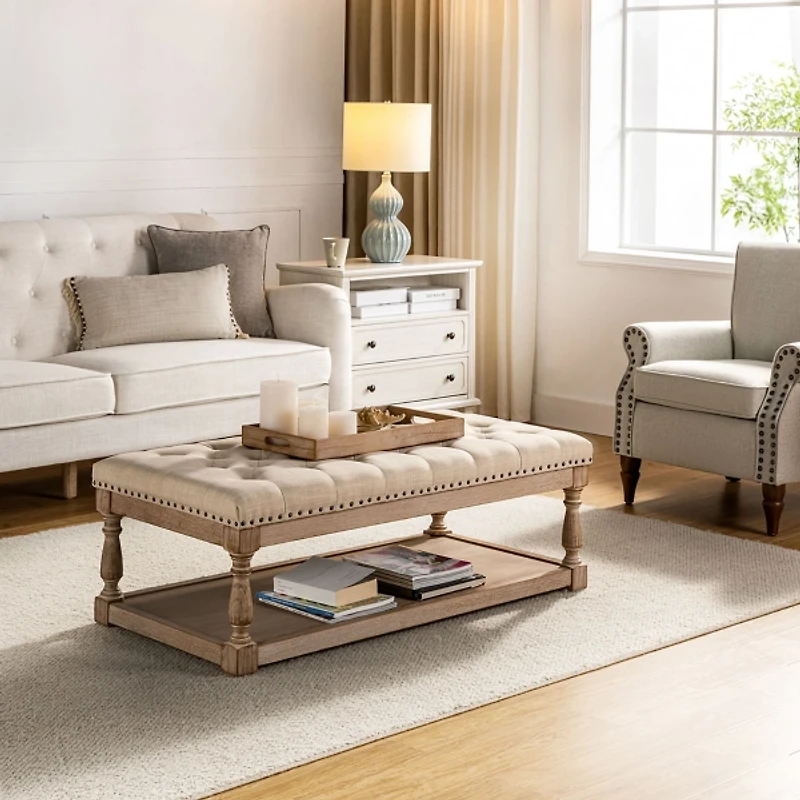 Beige Tufted Rectangle Wood Ottoman