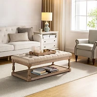 Beige Tufted Rectangle Wood Ottoman