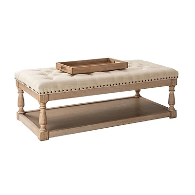 Beige Tufted Rectangle Wood Ottoman