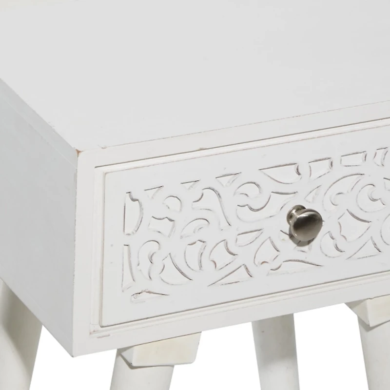White Wood Carved Drawer Accent Table