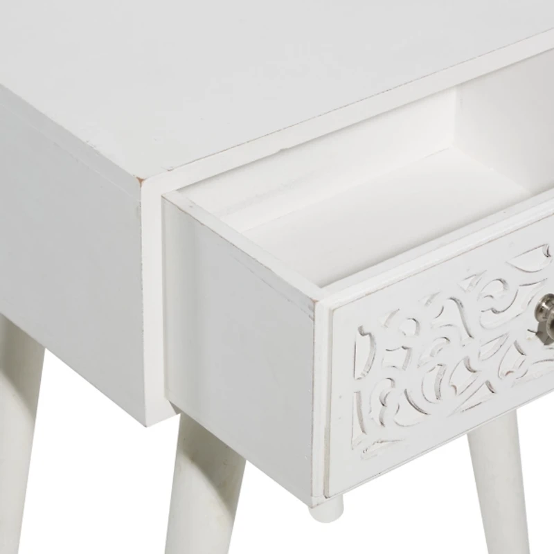 White Wood Carved Drawer Accent Table