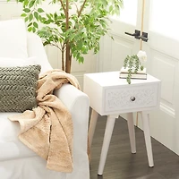White Wood Carved Drawer Accent Table