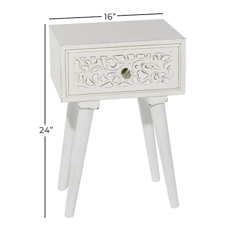 White Wood Carved Drawer Accent Table