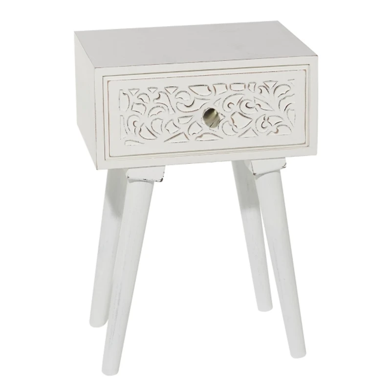 White Wood Carved Drawer Accent Table
