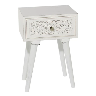 White Wood Carved Drawer Accent Table