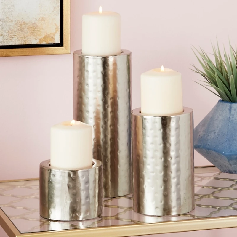 Silver Hammered Metal Candle Holders, Set of 3