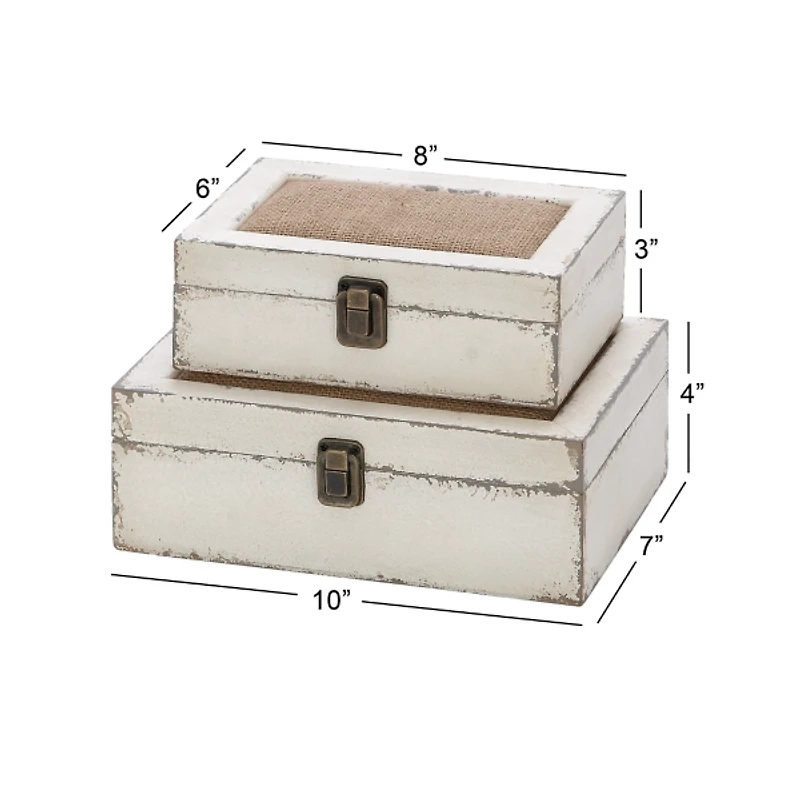 White Distressed Burlap Wooden Boxes, Set of 2