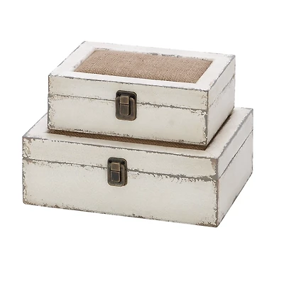 White Distressed Burlap Wooden Boxes, Set of 2
