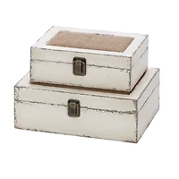 White Distressed Burlap Wooden Boxes, Set of 2