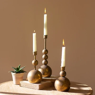 Antique Brass Round Taper Candle Holders, Set of 3