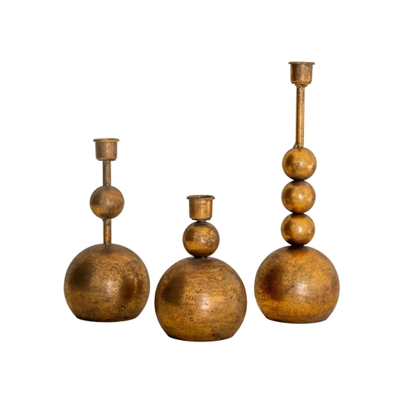 Antique Brass Round Taper Candle Holders, Set of 3