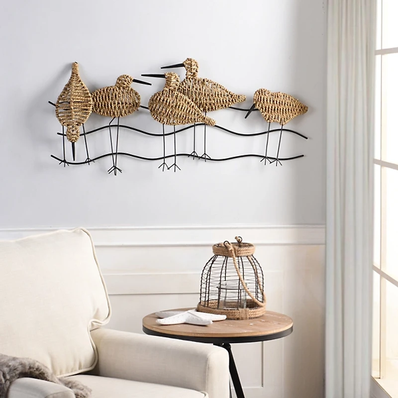 Natural Seagrass and Metal Birds Wall Plaque