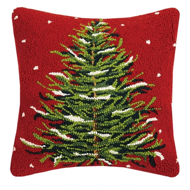 Red Christmas Tree Hooked Wool Pillow
