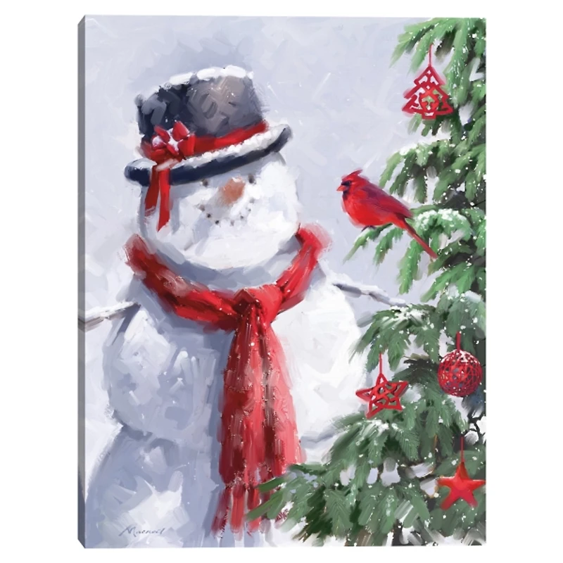 Snowman and Cardinal Canvas Art Print