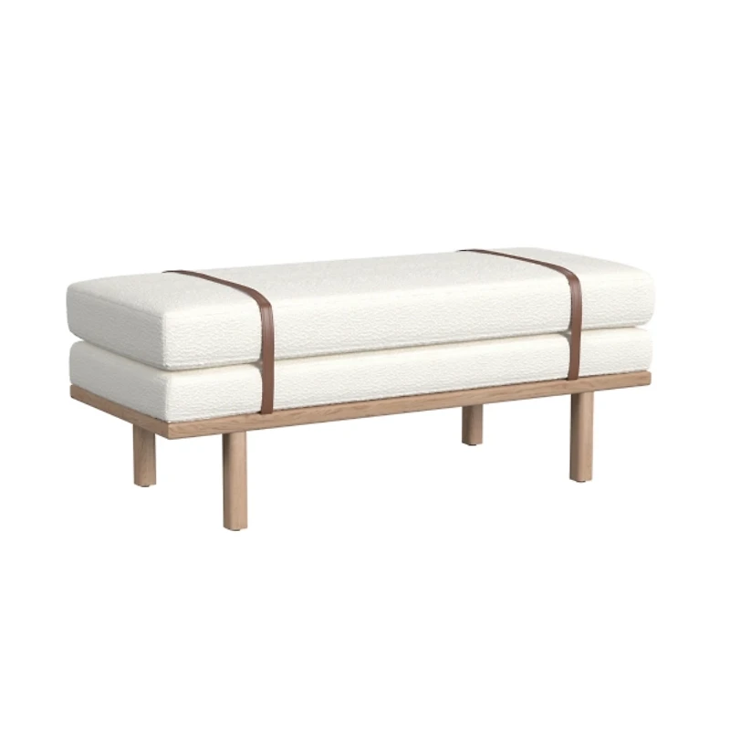 Cream Boucle Brown Faux Leather Bench