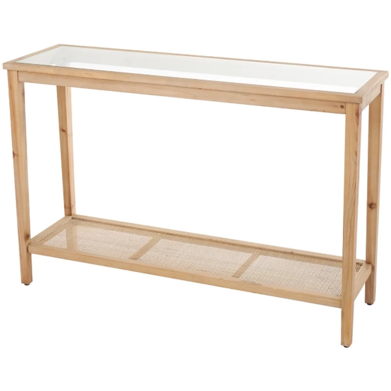 Wood Glass Top Console Table with Rattan Shelf