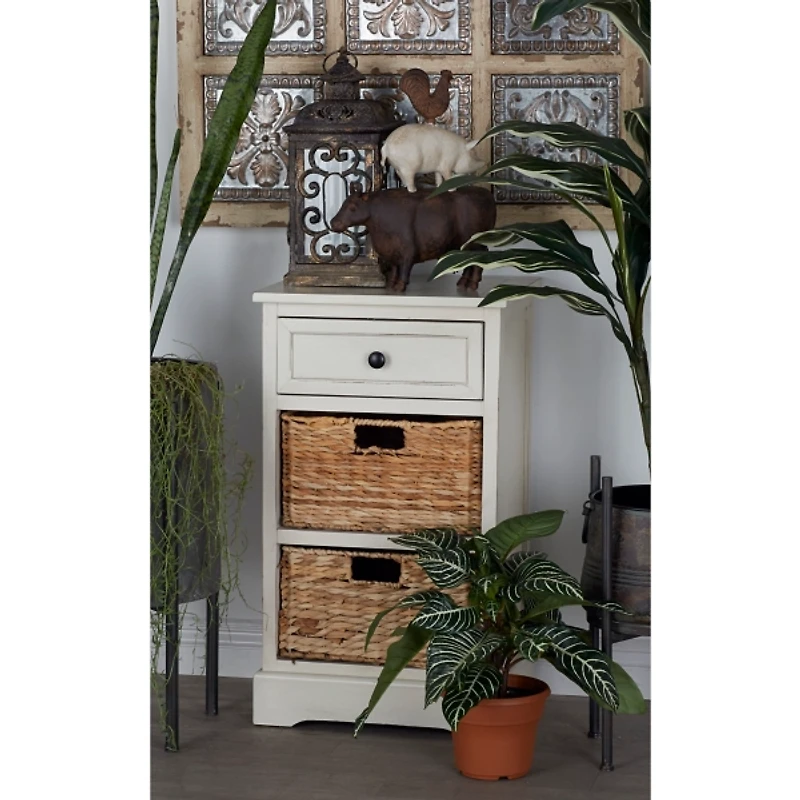 Cream Wood Side Table with Woven Baskets
