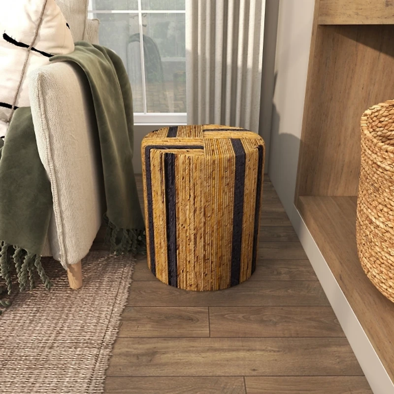 Handmade Round Banana Leaf Striped Accent Table
