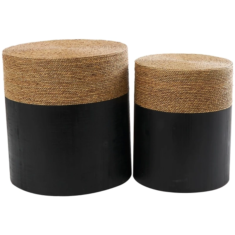 Black Wood Wrapped Rope Accent Tables, Set of 2