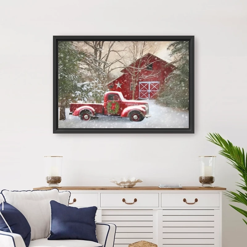 Christmas Barn & Truck Framed Canvas Art Print