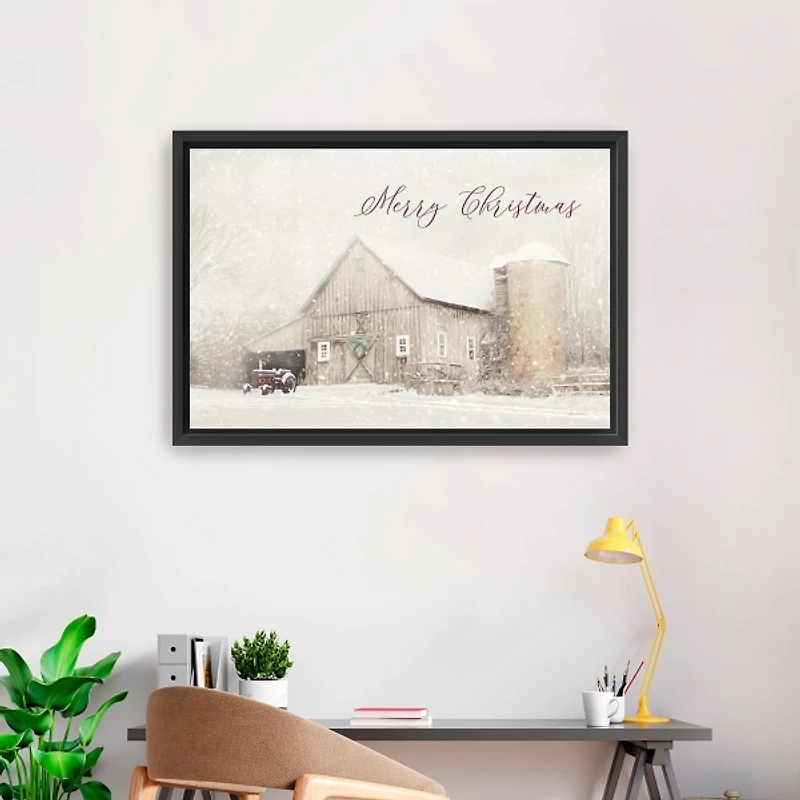 Merry Christmas Snowy Farm Framed Canvas Art Print