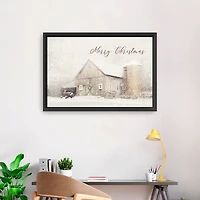 Merry Christmas Snowy Farm Framed Canvas Art Print