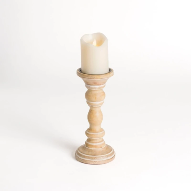 Whitewashed Spindle Pillar Candle Holder, 10 in.