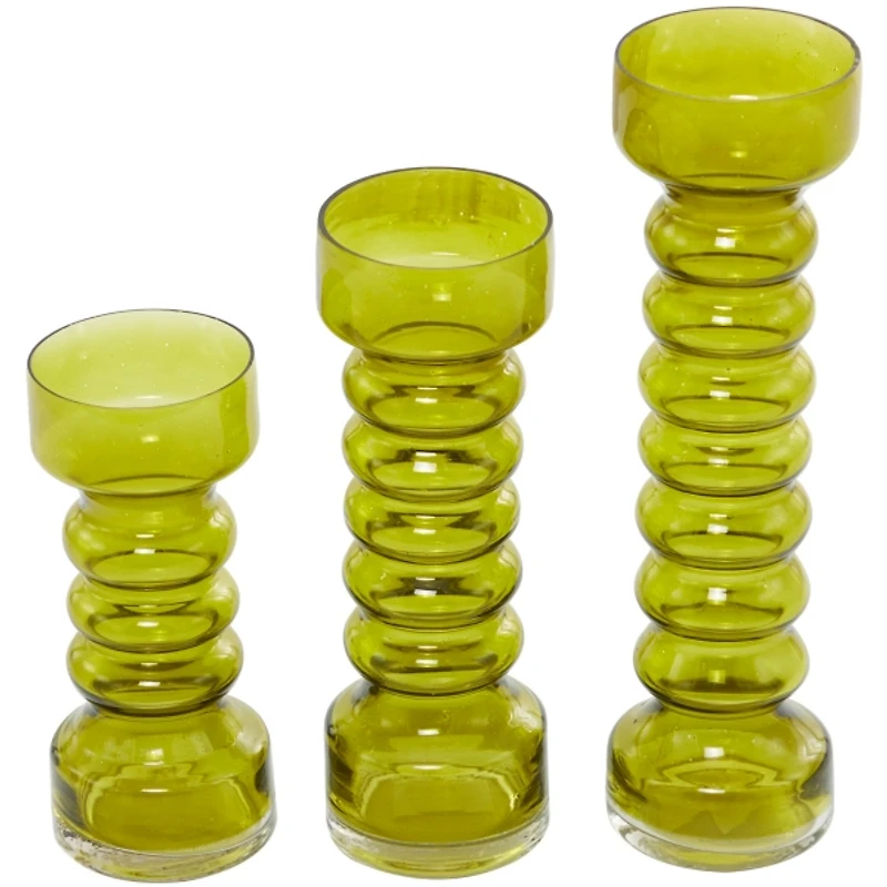 Green Glass Bubble Pillar Candle Holders, Set of 3