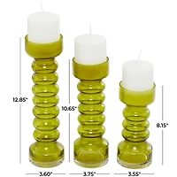 Green Glass Bubble Pillar Candle Holders, Set of 3