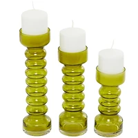 Green Glass Bubble Pillar Candle Holders, Set of 3