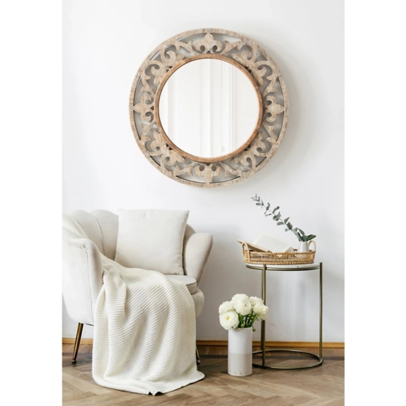 Whitewashed Wood Round Shavali Mirror