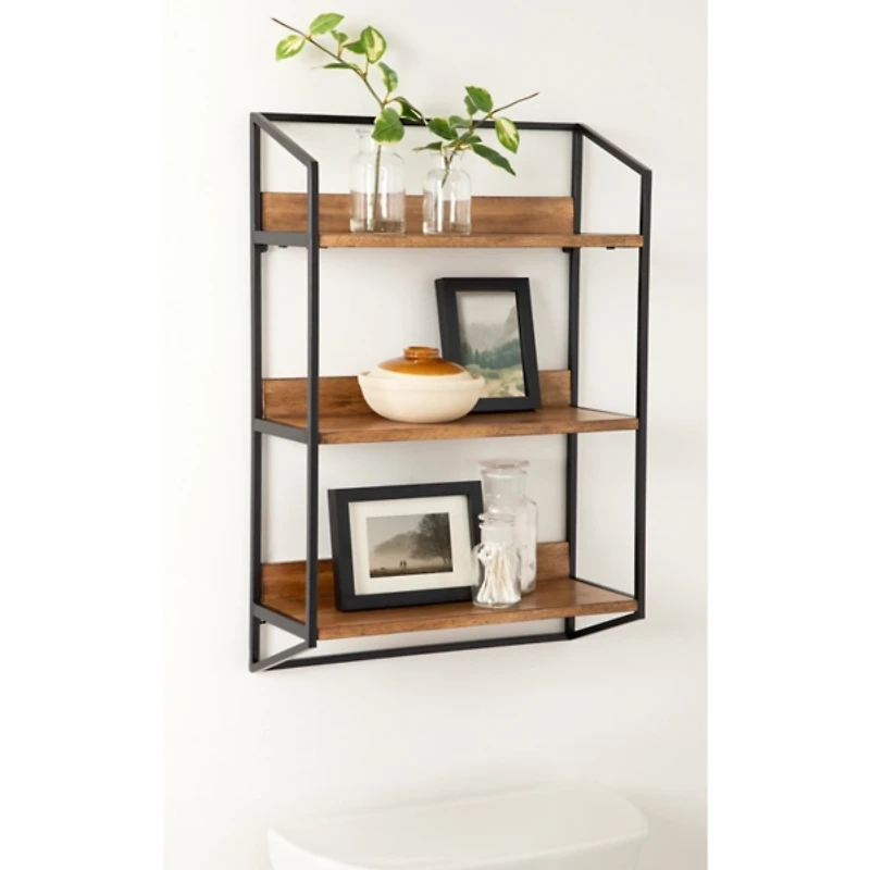 Black Metal & Rustic Wood Tiered Wall Shelf