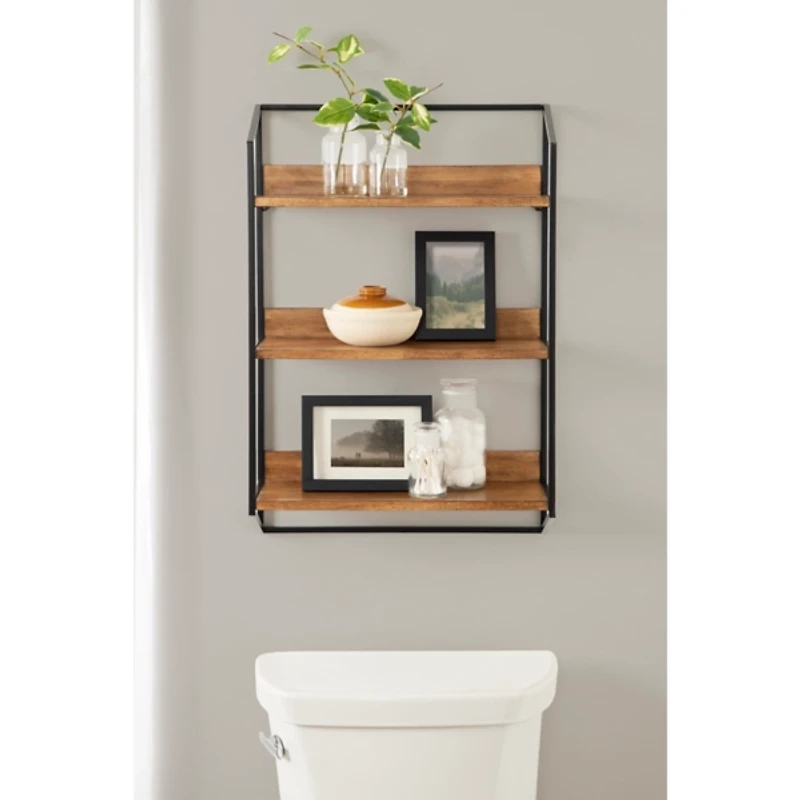 Black Metal & Rustic Wood Tiered Wall Shelf