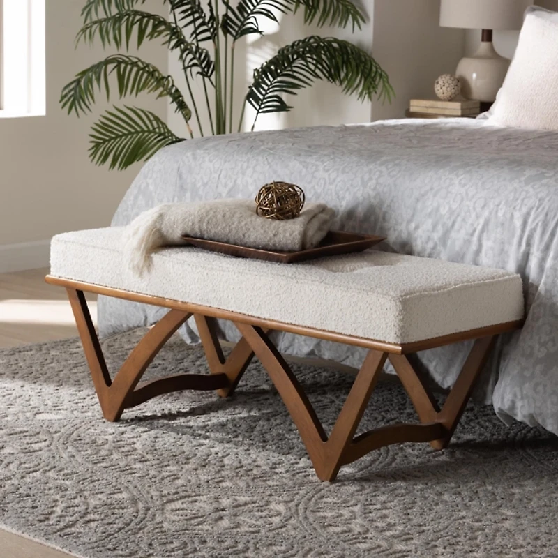 Mid-Century Modern White Boucle Angled Bench