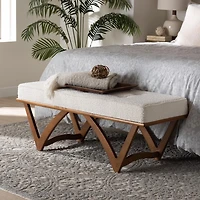 Mid-Century Modern White Boucle Angled Bench