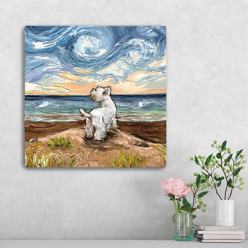 Aja Trier Westie Starry Beach Canvas Art Print