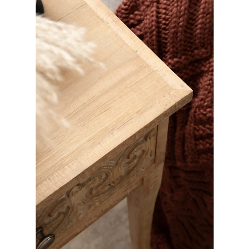 Rustic Brown Ornate Carved Wood Accent Table